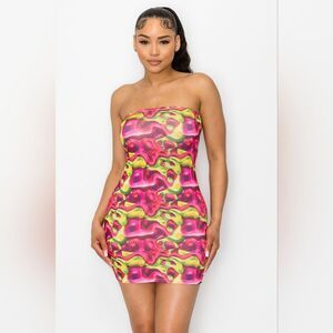 Watercolor Tube Mini Dress | Stretch Bodycon Party & Vacation Dress- Pink/Green